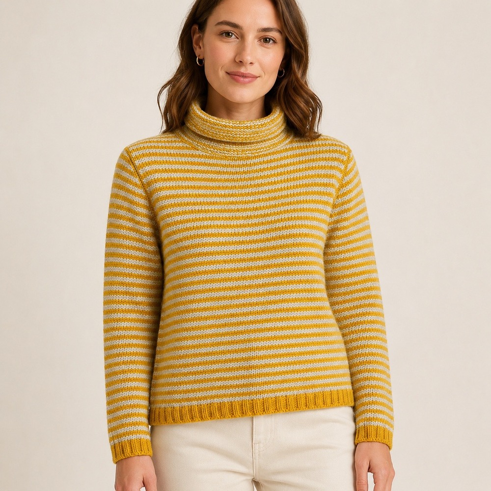 Babaa Striped Turtleneck Sweater Yellow Grey 100% Eco Wool Chunky Knit Spain